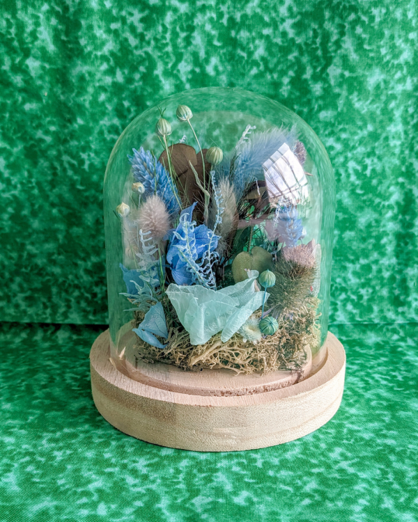 cloche de fleurs séchée bleue